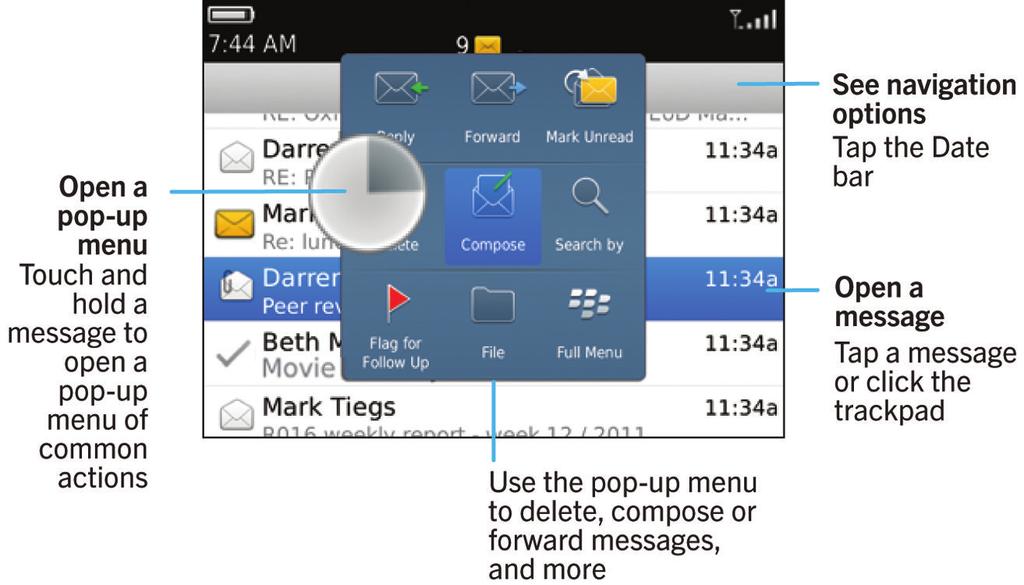 Messages Messages How to: Messages Messages at a glance Send an email 1. On the Home screen, click the Messages icon. 2. Press the key > Compose Email. 3.