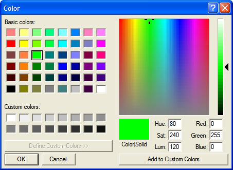 Figure 86: Color and Custom Color Windows The Color Window shown on the left above appears when the Graph Color button is clicked.