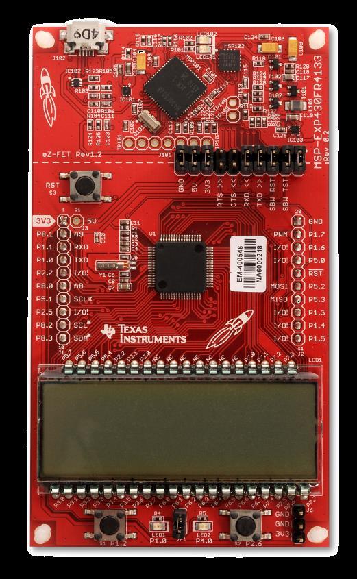MSP430FR4133 LaunchPad Ultra-Low Power FRAM LaunchPad with on-board LCD Target MCU: MSP430FR4133 BoosterPack Pinout: 20-pin Specs: 16 MHz 16-bit MSP430 CPU core 16KB FRAM