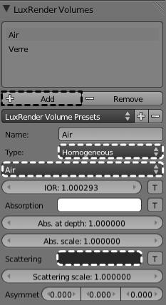 It is thus possible to render the light diffused by the air. 1. Activate the panel World in the properties window. o In the tab LuxRender Volumes, click on Add and name the new volume Air.