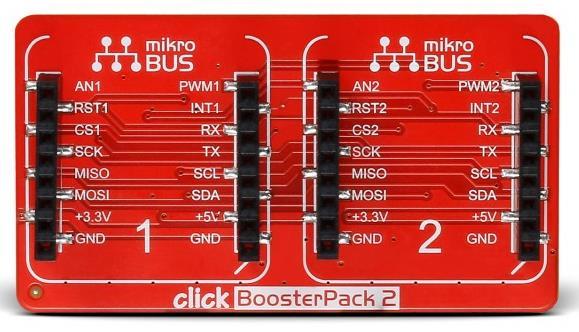 Click BoosterPack 2 Manufactured by MikroElektronika Click BoosterPack 2 has two mikrobus sockets onboard, for simple and easy integration of MikroElektronika click boards with a TI LaunchPad.
