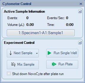 Software Overview Experiment Manager Panel 2 Figure 2-9 Cytometer Control Panel When Run Single Well is selected, the NovoSampler Pro does not perform the mixing function before sample acquisition.
