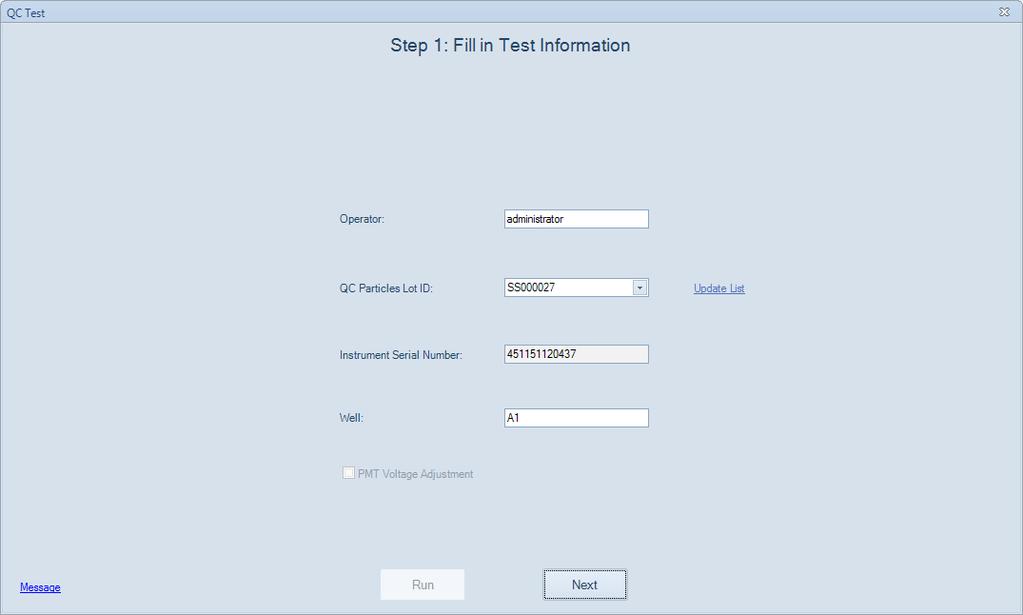 Sample Acquisition Single Sample Acquisition 2 In the NovoExpress Software, open the QC Test window by clicking Instrument Operation QC Test button. The QC Test window is shown in Figure 3-2.