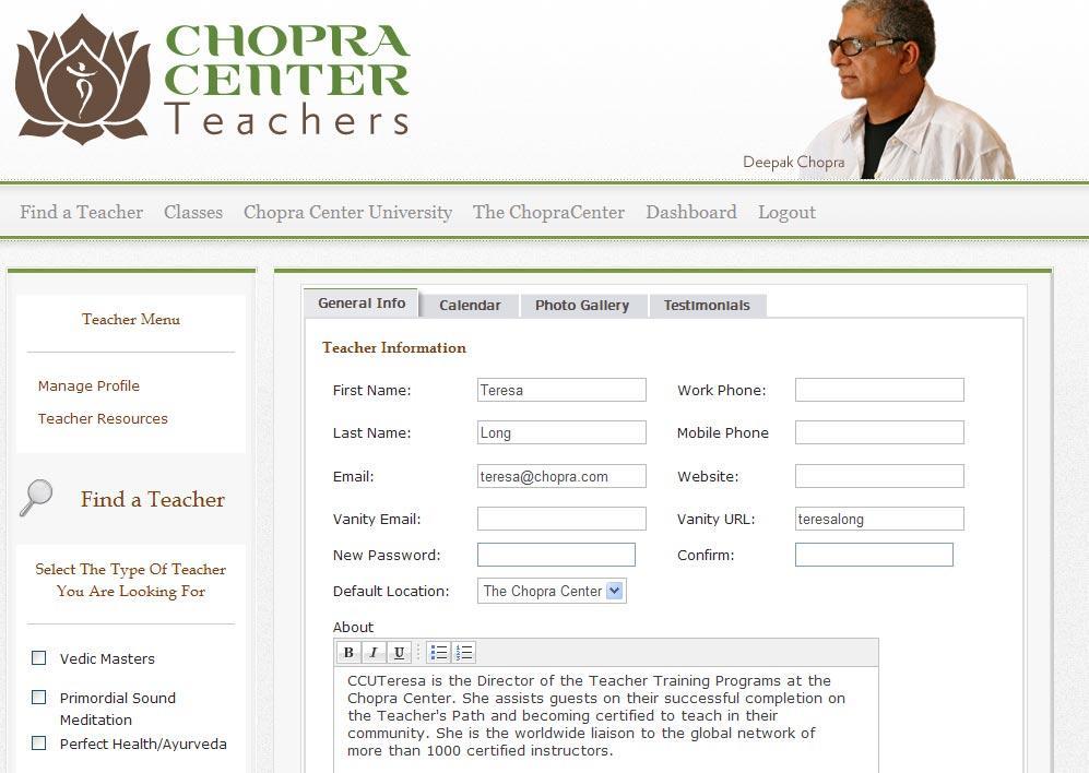 Managing Featured Teacher Information The basic teacher information that is universal to all teachers includes the name, email, phone and default location.