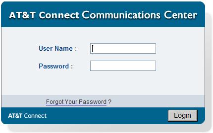 Figure 2-1: Login to the AT&T Connect Communications Center Window 3 Enter your assigned User Name and Password, and click Login. The Communications Center Home Page is displayed.
