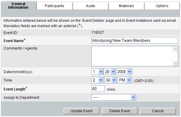 Figure 4-1: General Information Tab 3 In the General Information tab, which is displayed by default, define the following fields: Event Name: Name of the Event (Mandatory) Comments/Agenda: Enter a