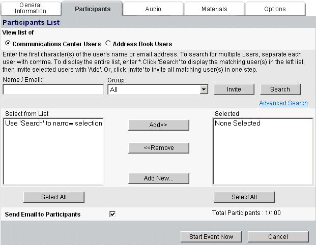 Figure 4-2: Participants Tab Tip. You can also perform an advanced search for the required users.