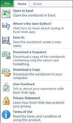 38 Chapter 2 Introducing the Excel Web App Edit Mode View Mode Figure 2.8 Options under the File menu allow you to download the file to work on locally.