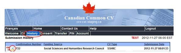 Click History in the top menu bar. The Submission History page will appear. For SSHRC/NSERC, click the.xml icon ( ).