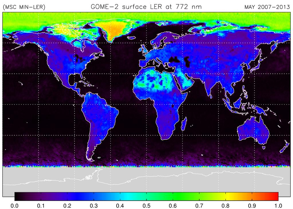 Page 19 of 37 Figure 3: Example of the GOME-2/MetOp-A surface LER for the month May, retrieved for 772 nm using the MIN-LER approach. The data were collected from the years 2007 2013.
