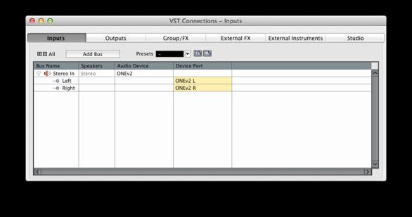 Choose Devices > VST Connections. 12. Click the Inputs tab. 13. Click Add Bus. 15.