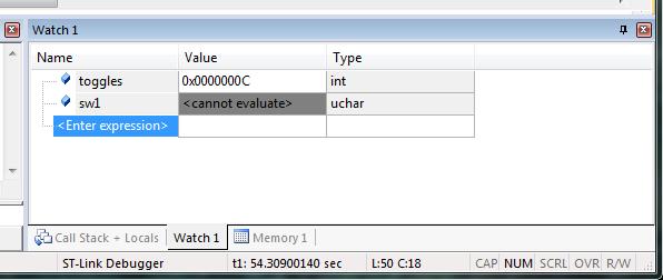 Watch Window (bottom left corner of the debug window) displays values of selected program variables and resources.