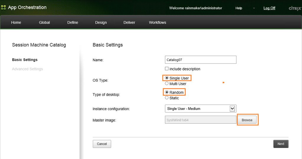 8. In Master Image, click Browse, select the compute resource, and then