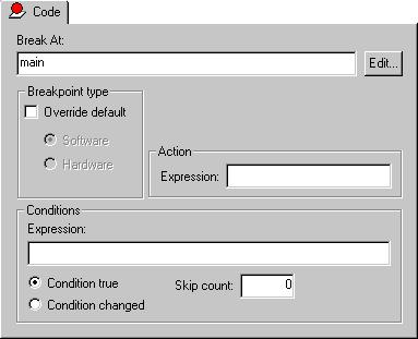 Reference information on breakpoints Code breakpoints dialog box The Code breakpoints dialog box is available from the context menu in the editor window, Breakpoints window, and in the Disassembly