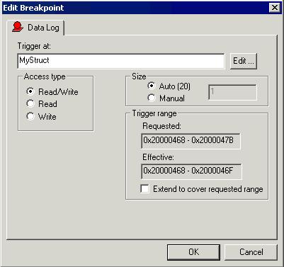 Using breakpoints Data Log breakpoints dialog box The Data Log breakpoints dialog box is available from the context menu in the editor window, Breakpoints window, the Memory window, and in the