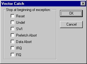 Reference information on breakpoints Vector Catch dialog box The Vector Catch dialog box is available from the I-jet menu for the I-jet driver, or from the J-Link menu for