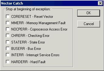 Figure 54: The Vector Catch dialog box for ARM9/Cortex-R4 versus for Cortex-M3 Use this dialog box to set a breakpoint directly on a vector in the interrupt vector table,