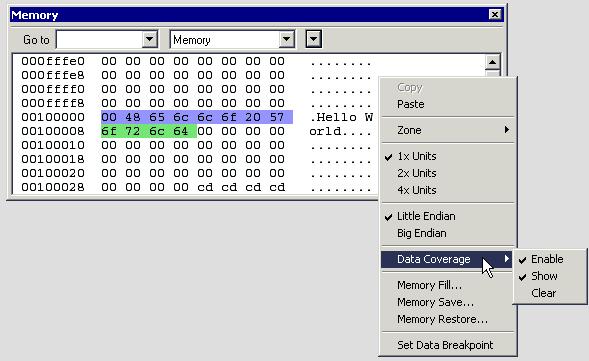Reference information on memory and registers Memory window The Memory window is available from the View menu.