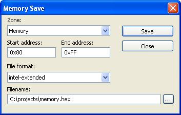 Reference information on memory and registers Memory Save dialog box The Memory Save dialog box is available by choosing Debug>Memory>Save or from the context menu in the Memory window.