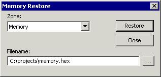 Monitoring memory and registers Memory Restore dialog box The Memory Restore dialog box is available by choosing Debug>Memory>Restore or from the context menu in the Memory window.
