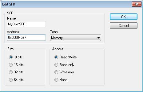 Monitoring memory and registers Edit SFR dialog box The Edit SFR dialog box is available from the SFR Setup window. Figure 70: Edit SFR dialog box Use this dialog box to define the SFRs.