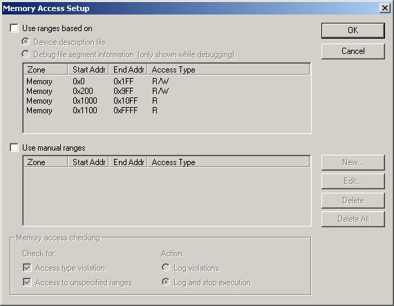Monitoring memory and registers Memory Access Setup dialog box The Memory Access Setup dialog box is available from the Simulator menu.