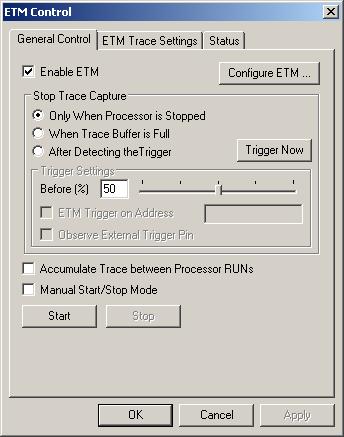 Collecting and using trace data in the JTAGjet driver ETM Control dialog box To display the ETM Control dialog box, click the Control button in the left corner of the Trace window.