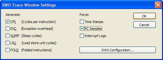Collecting and using trace data SWO Trace Window Settings dialog box The SWO Trace Window Settings dialog box is available from the I-jet menu, the J-Link menu or the ST-LINK menu, respectively,