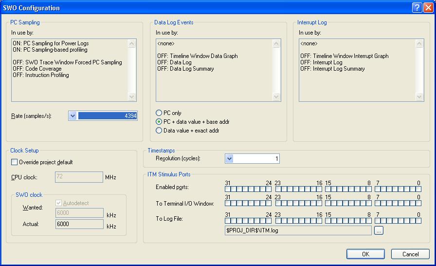 Collecting and using trace data SWO Configuration dialog box The SWO Configuration dialog box is available from the J-Link menu or the ST-LINK menu, respectively, alternatively from the SWO Trace