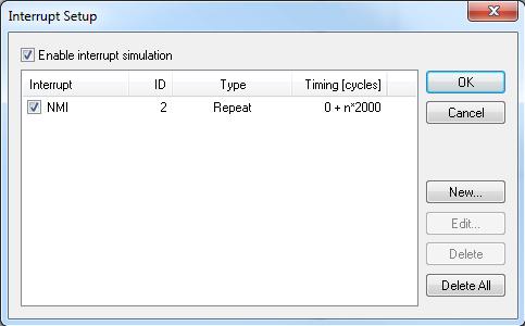 Reference information on interrupts Interrupt Log Summary window, page 278. Interrupt Setup dialog box The Interrupt Setup dialog box is available by choosing Simulator>Interrupt Setup.