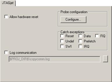 Debugger options Preceding bits Specify the number of IR bits before the ARM device to be debugged. Log communication Logs the communication between C-SPY and the target system to a file.