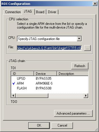 Debugger options RDI Configuration dialog box for JTAGjet The RDI Configuration dialog box is available by choosing Project>Options>JTAGjet>Configure.