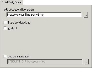 Reference information on C-SPY driver options Third-Party Driver options The Third-Party Driver options are used for loading any driver plugin provided by a third-party vendor.