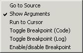 Reference information on application execution Context menu This context menu is available: Figure 17: Call Stack window context menu These commands are available: Go to Source Show Arguments Run to