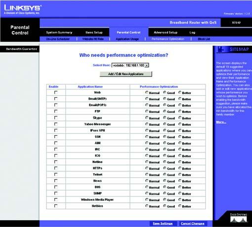 Parental Control Tab - Application Usage From this screen, you can view which applications are taking up the most bandwidth on your network, according to user, and block those sites if you wish.