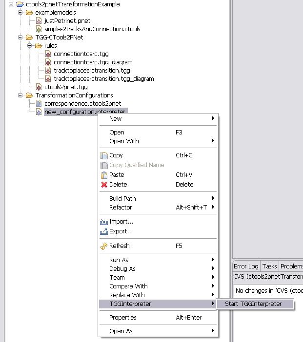 correspondence model file configuration file Figure 82: The context menu action to start the transformation The Eclipse UI support shown here, however, is just one way of integrating the TGG