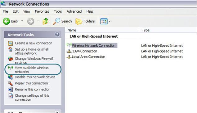 Installation and Connection Configuring Wi-Fi Adapter in OS Windows XP 1. Click the Start button and proceed to the Control Panel > Network and Internet Connections > Network Connections window. 2.
