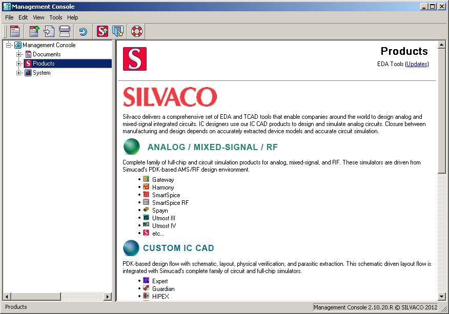 Products Screen Actions 2.3 Products Screen The Products screen shows all the installed products in the current SILVACO installation and allows you to add and manage new updates received from SILVACO.