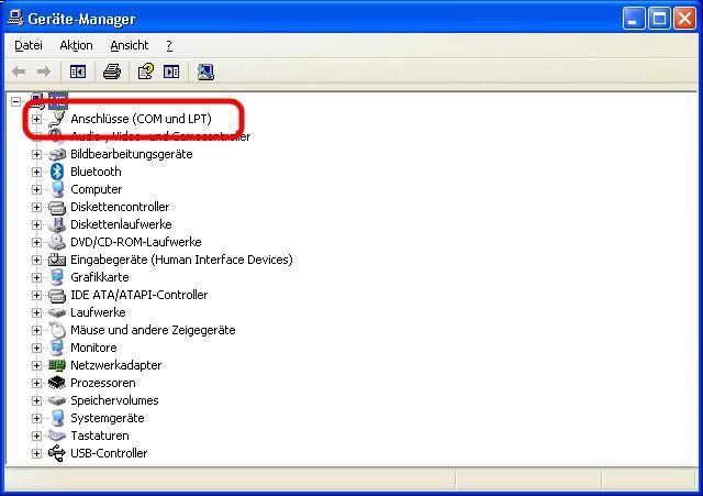 In Device Manager, click on the plus sign next to Connection (COM and LPT) to display the connection overview.