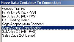 Sage 300 ERP Intelligence Lesson 10 Connecting to Multiple Companies Moving a container from the Sage 300 ERP(Auto Connect) to the Sage 300 ERP Consolidation Connection 1. Open the Connector Module 2.