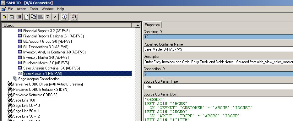 Sage 300 ERP Intelligence Connector Module Lesson 5 Data Containers Viewing the Properties of a Container Method 1. Double click on the Pervasive ODBC Client Interface/ ODBC Driver SQL Server 2.