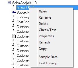 Sage 300 ERP Intelligence Connector Module Lesson 6 Data Expressions Expression Object Options To view the Expression object options right select on the Expression Open Rename Delete Check/Test