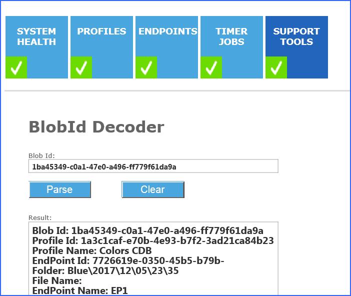 New BLOB ID Decoder on Dashboard - 172360 A way has been provided to return helpful information about a BLOB ID. It can be found by clicking Support Tools on the Dashboard.