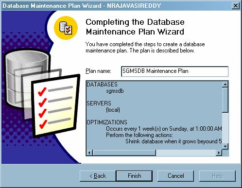 11. Click the Use the default backup directory and the Remove files older than checkboxes, and click Next. 12. Click Finish to complete the database maintenance plan. 13.