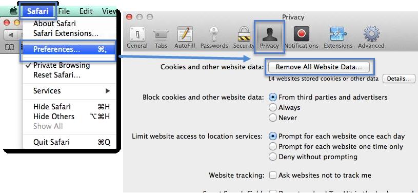 MAC Safari Using Safari 7 on MAC OS X click on the Safari menu button located in the top left of the Finder