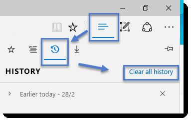 Microsoft Edge Using Microsoft Edge, click on the Hub button > click the History icon and then Clear all History, or press shortcut key combination: Ctrl+Shift+Del.