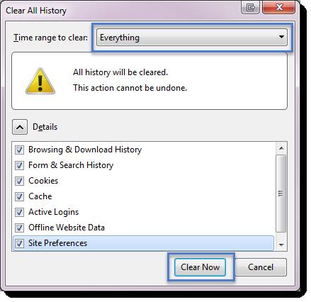 When the Clear All History page displays ensure you select Everything for Time range to clear, tick all boxes and then