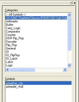 Step 1.4 Top-level Schematic Model Double-click on the primedet_top item in the Sources pane to open the top-level schematic. Click on the Symbols tab in the sources window.