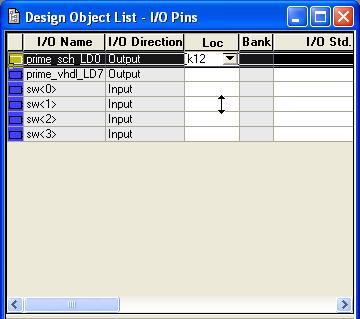 In the Design Object List I/O Pins pane, (setup like a spreadsheet) click on the prime_sch_ld0 under the Loc field and type K12.