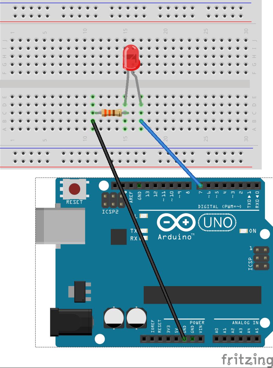 45 Blinking an LED Hardware and software to make an LED connected to D7 blink #include<avr/io.h> #include<util/delay.h> int main() { // Init. D7 to output DDRD = 0x80; DDRD?